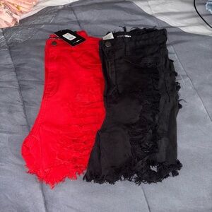 Distressed Red and Black Denim Shorts